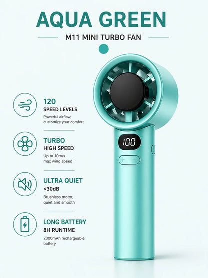 Handheld Fan High-Speed Portable Turbofan USB Rechargeable Electric Fan Digital Display 120 Speeds Infinitely Adjustable