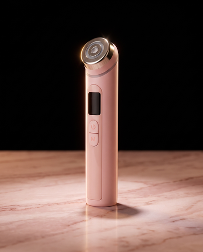 Portable Glow Booster pink EMS facial device standing on marble surface