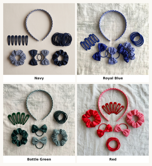 Girls School Hair Accessories Set – UK Uniform Colours, Bows, Clips & Scrunchies
